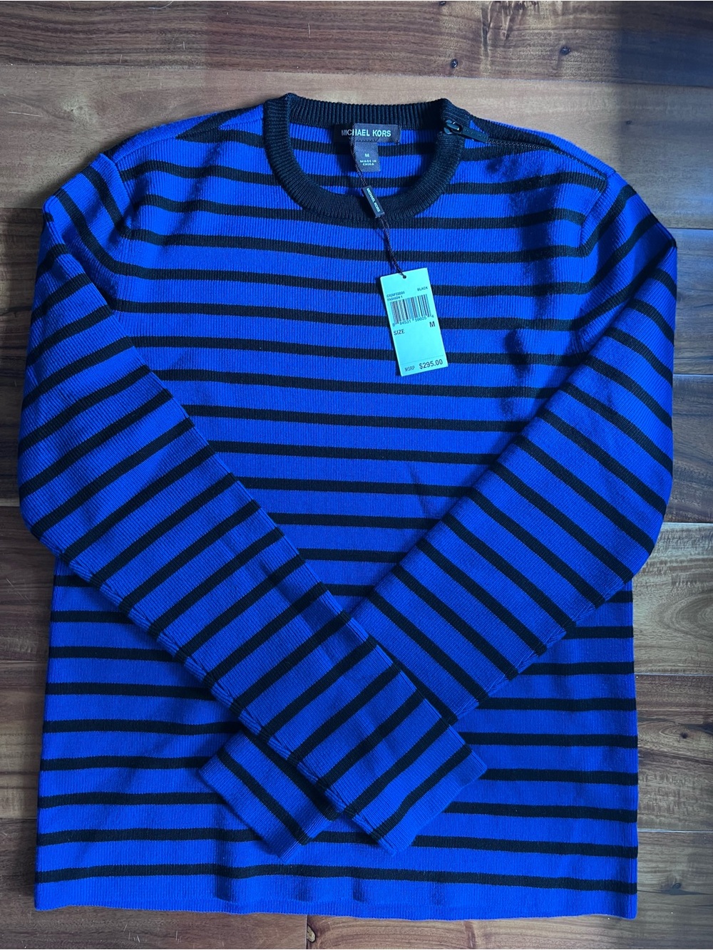 Michael Kors Men’s Royal Blue and Black Striped Crew Sweater